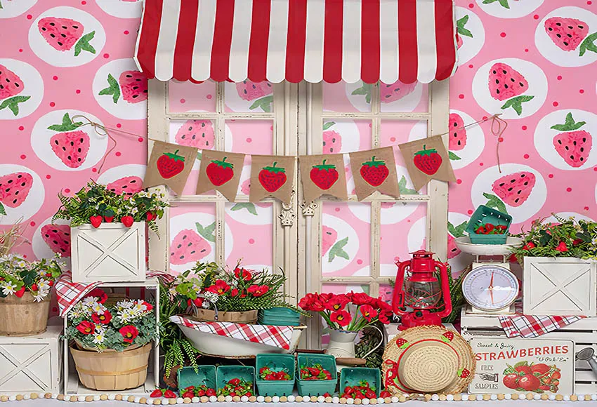 Mehofond Photography Background Strawberry Flower Farmer\'s Market Farm Girl Birthday Party Cake Smash Backdrop Photo Studio Prop