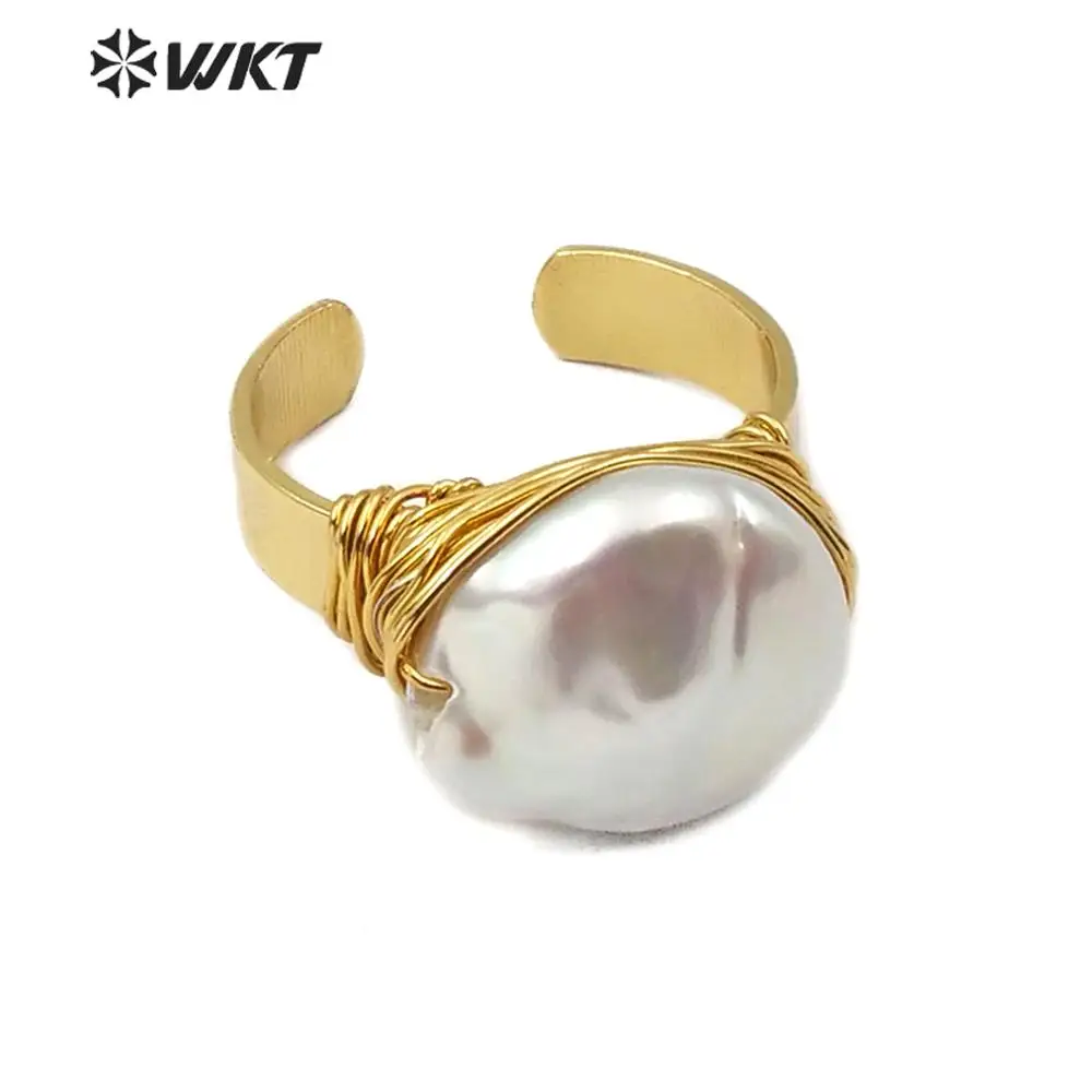 WT-R340 Natural freshwater Pearl Ring Wire Wrapped Pearl Ring With Gold Electroplated Band Fashion Sea Shell Jewelry for Woman