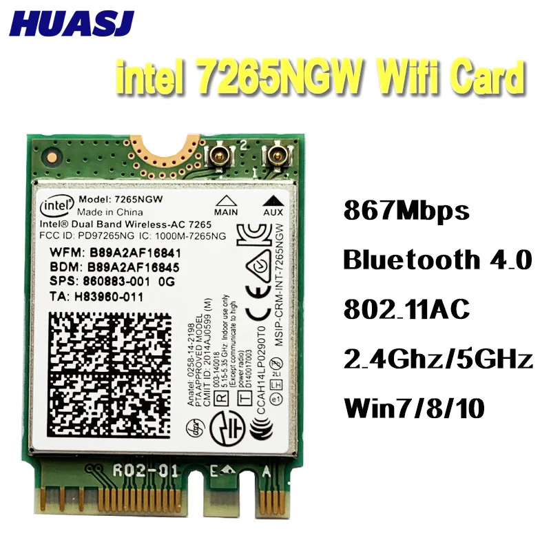 Huasj – carte réseau sans fil double bande AC 867Mbps, pour ordinateur portable Intel 7265 7265NGW 802.11ac 2x2, WiFi BT 4.0 NGFF M.2