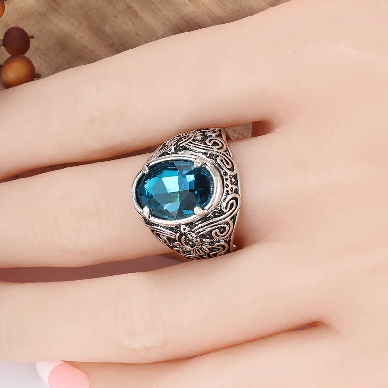 Kinel Hot Bohemia Blue Glass Rings For Womne Antique Pattern Silver Color Men Ring Vintage Jewelry Drop Shipping 2019 New