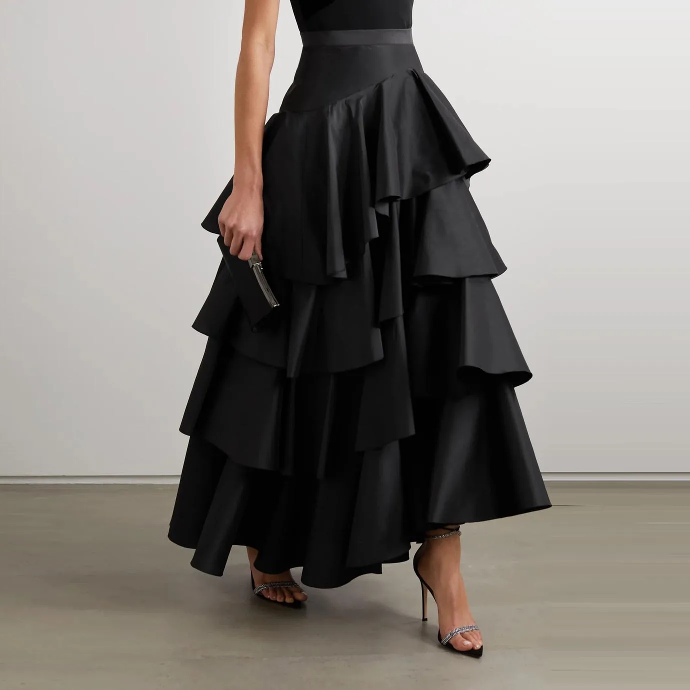 

Layered Satin Skirt High Waist Skirts Tiered Ruffled Taffeta Maxi Skirt Ankle Length Midi Long Skirt Black Silk Skirt Any Color