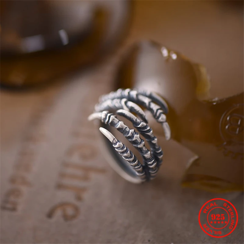 

MKENDN Punk Style 925 Sterling Silver Adjustable Opening Eagle Claw Ring For Men Exaggerated Personality Gothic Six Claw Ring