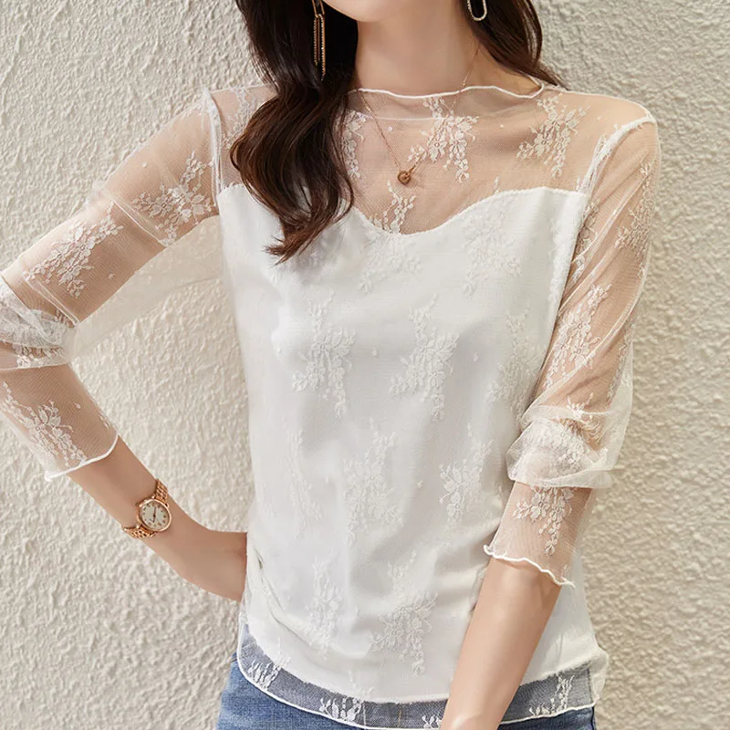 2022 Autumn French Outerwear Top Women's White Long Sleeve Slim Fitting Lace Top with Bottom Ladies Blouses Black Clothing 1182