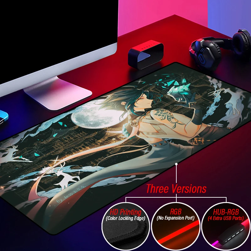 Genshin Impact Illuminate Customized Woven Rug Fischl Xiao Keqing Personalized Carpet HUB 4 in 1 USB RGB Mouse Pad LED Desk Mat