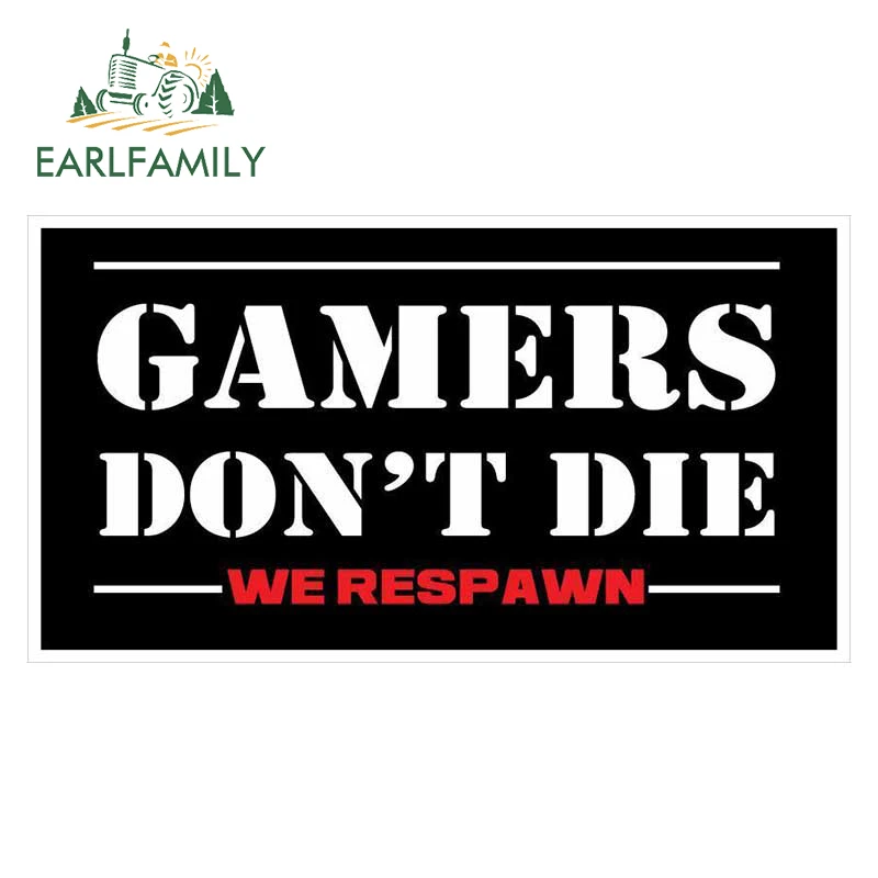 EARLFAMILY, 13 см x 7,1 см, Геймеры не умирают, мы респирация, красный, черный, белый цвет, веселая наклейка на автомобиль