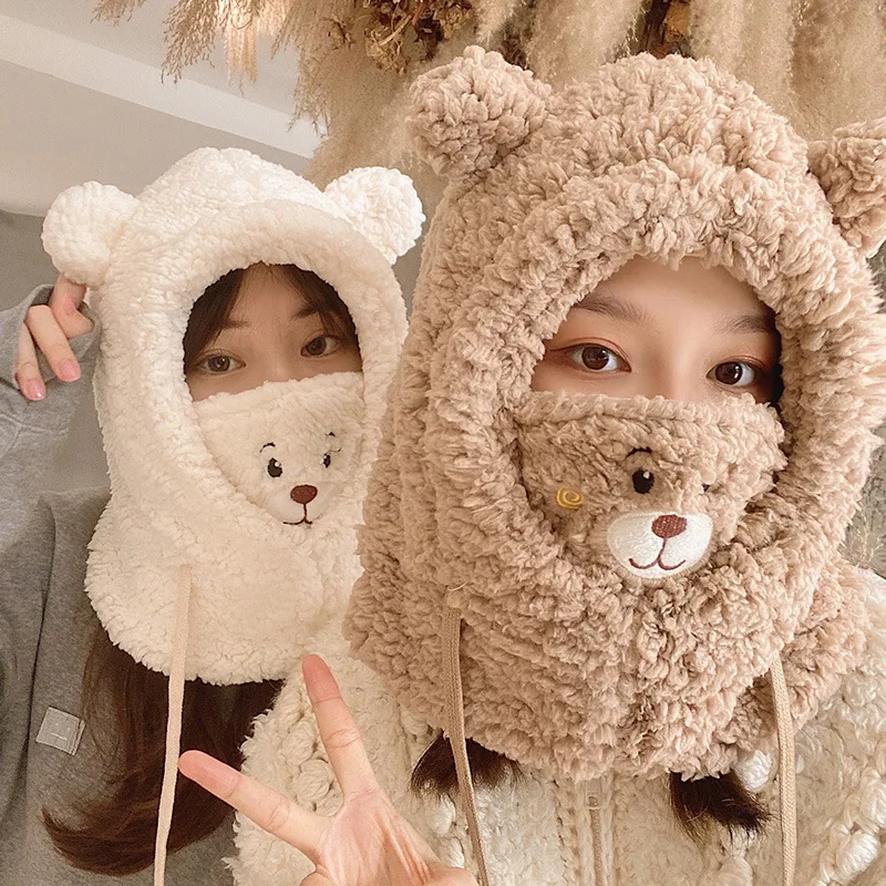 

Japanese Cute Cartoon Bear Ear Cap Hat Lamb Plush Cap Warm Thickened Ear Protection with Warm Mask for Women Girl