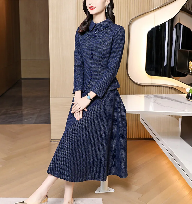 New Autumn Winter Blue Fashion Woolen 2 Piece Set Vintage Women Lapel Single-Breasted Short Jacket Coat + High Waist Skirt Suits