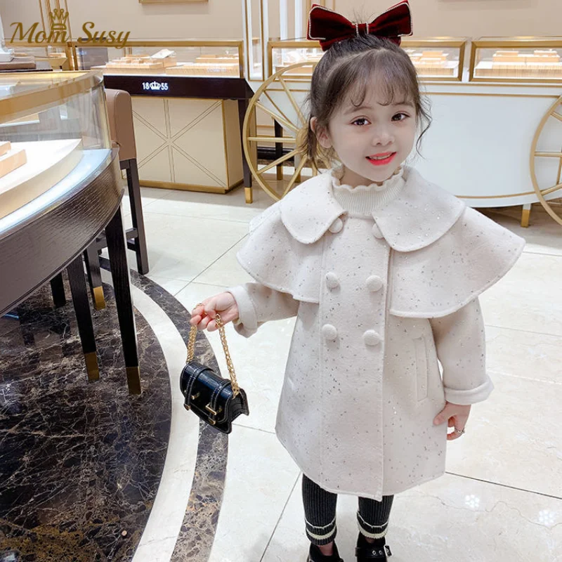 

Baby Girls Wool Jacket Sequins Cloak Winter Spring Autumn Warm Infant Toddle Princess Trench Coat Baby Outwear Clothes 1-8Y