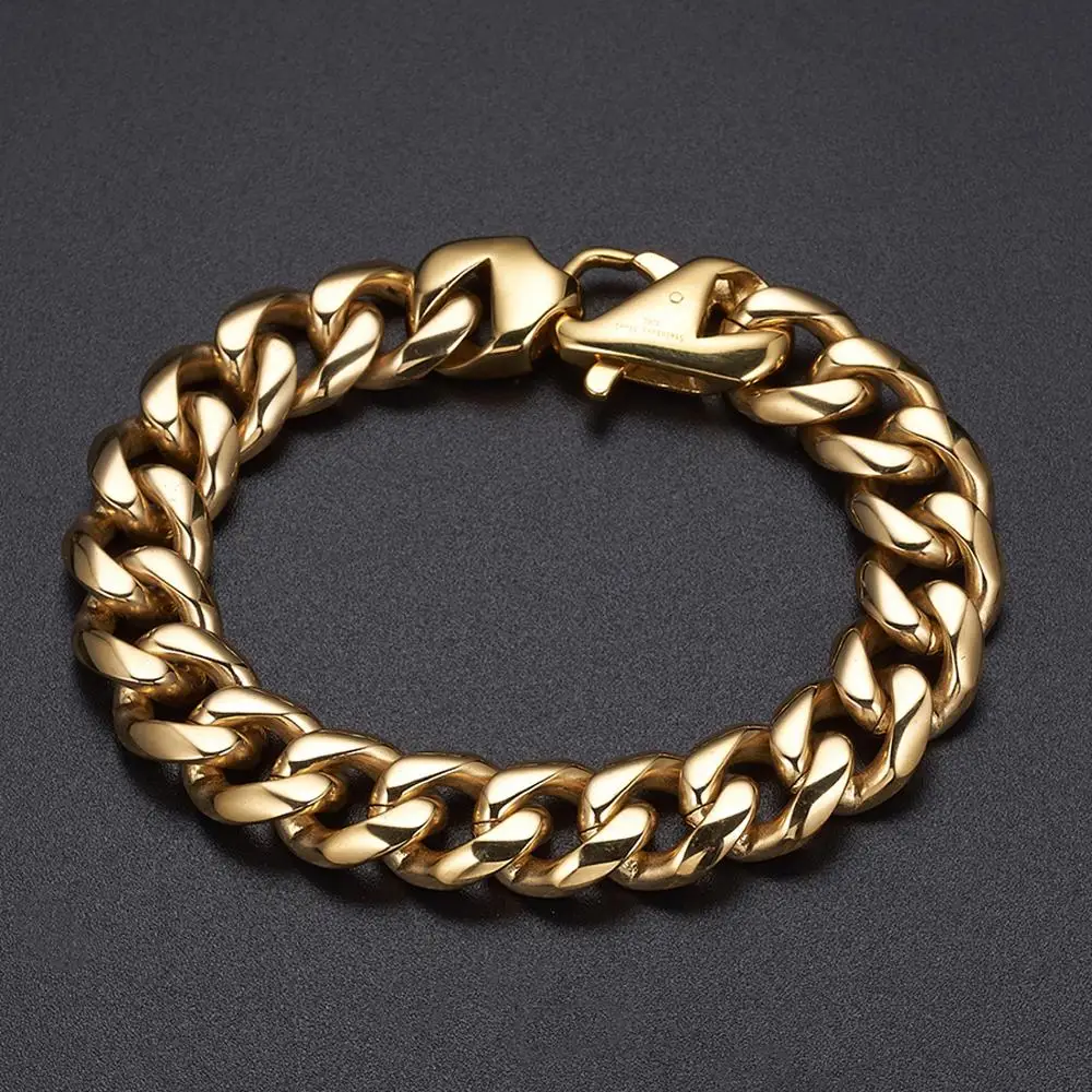 

Luxurious Men Gold Color Curb Chain Bracelet Stainless Steel Bracelet Bangles Charm Bracelet Men Heavy Jewelry 15mm Wide