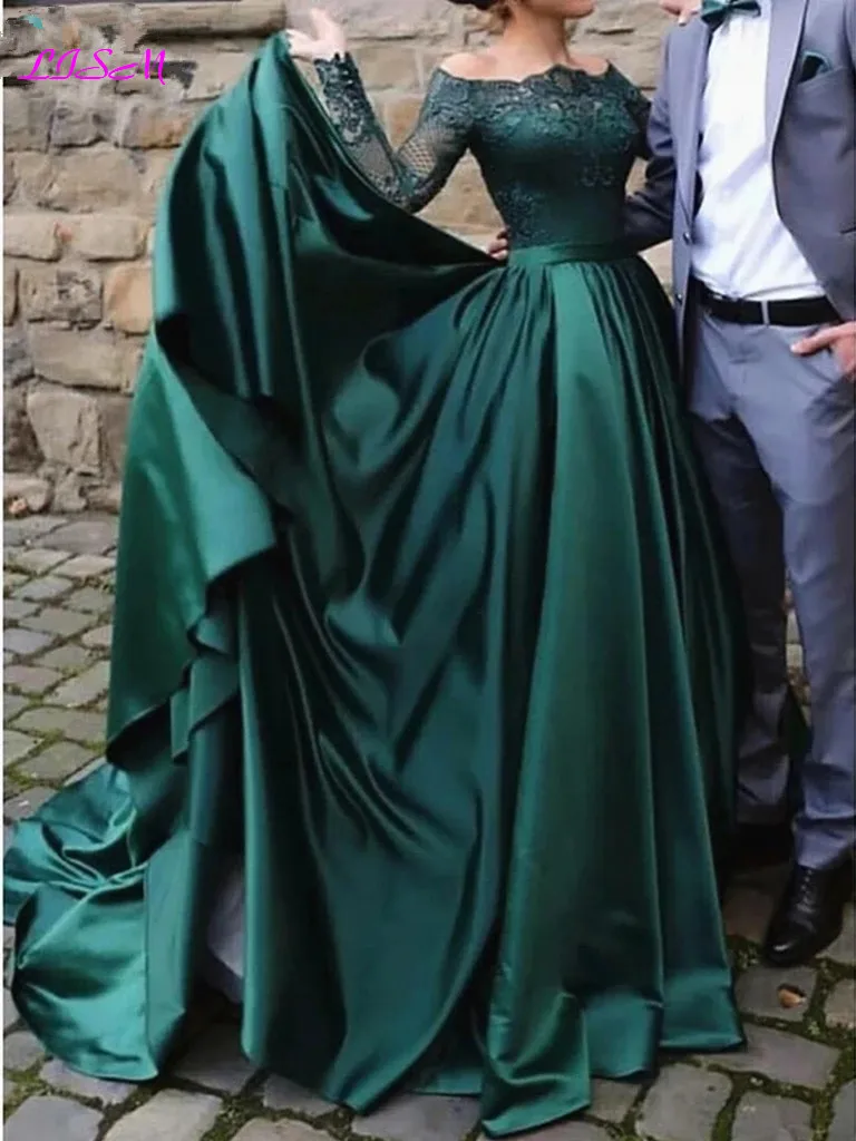 Elegant Muslim Long Sleeves Lace Emerald Green Evening Dresses Off the Shoulder Satin Formal Dress Party Ball Gowns