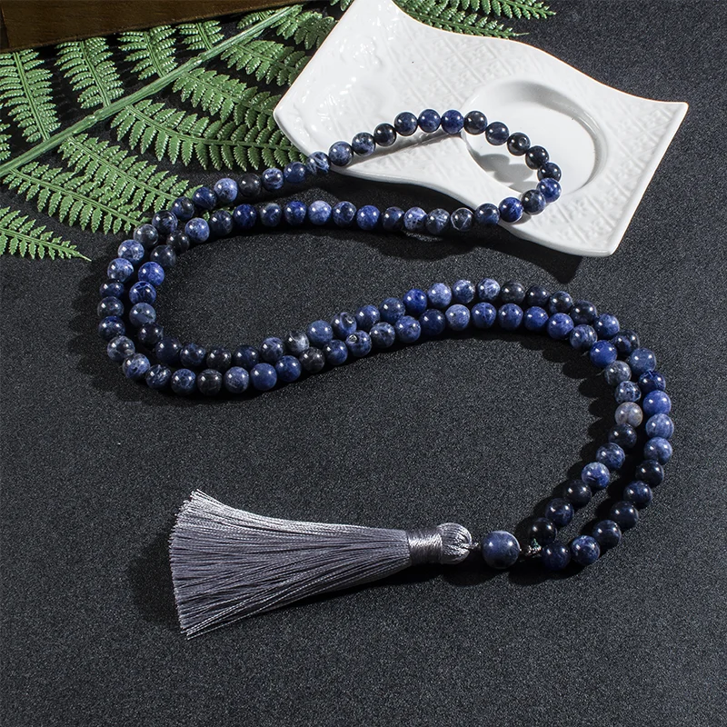 8mm Natural Sodalite Japamala Necklace Meditation Yoga Spirit Jewelry Set 108 Mala Beaded Women\'s Fashion Rosary Tassel Pendant