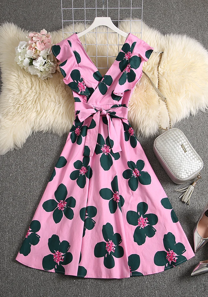ALPHALMODA New Floral Cotton Dress V-neck Ruffled Sleeve High Waist A-line Elegant Women Dresses