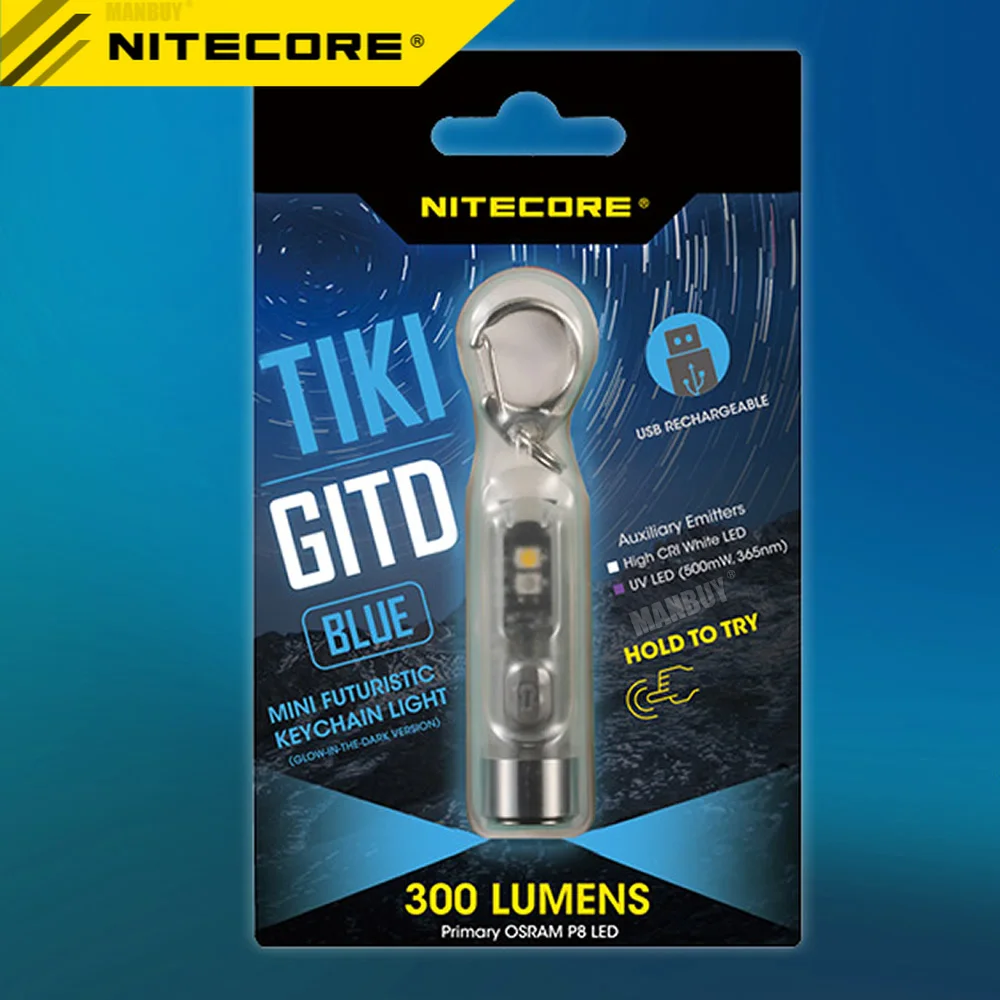 Nitecore TIKI GITD BLUE TIKILE 3 Colors Light Rechargeable LED Keylight P8 300LM  Built-in Battery Pack Mini Poket Flashlight