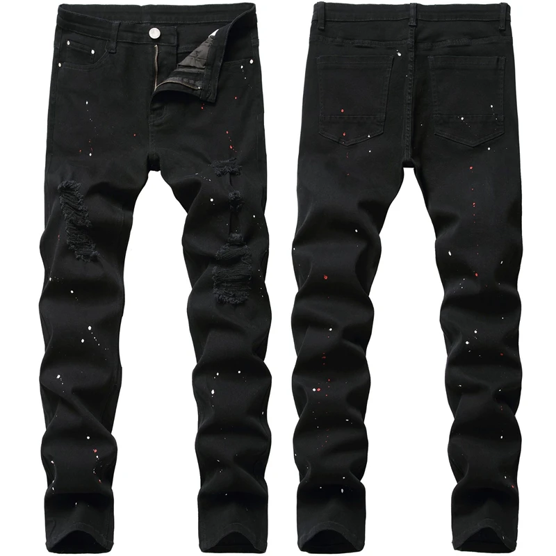 

Men's Jeans Fashion Personality Daily Washed Black Straight Oversize Denim Paint Sling Trousers Hip Hop Casual