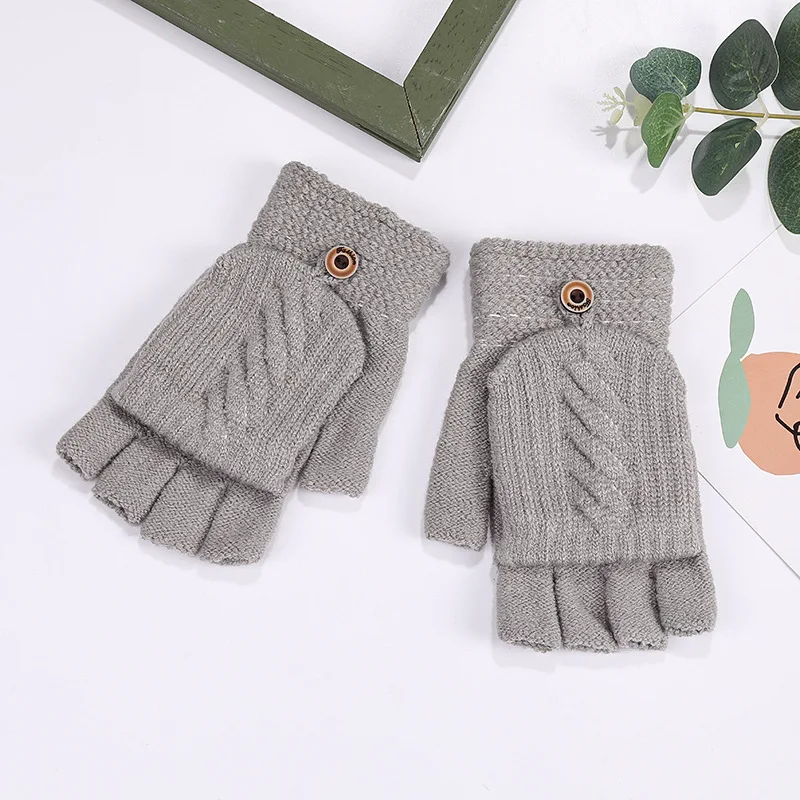 Guantes de punto gruesos para mujer, guantes de medio dedo con tapa para invierno, guantes sin dedos a la moda