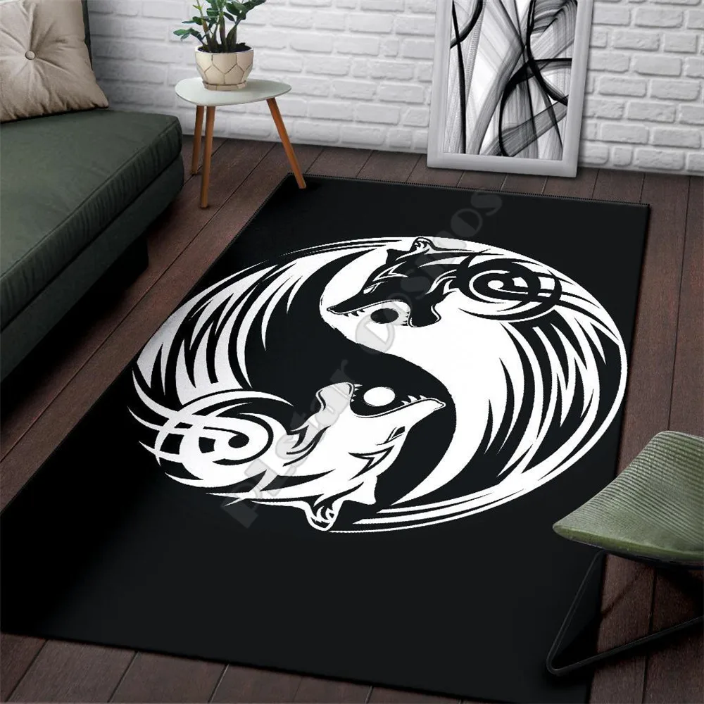 Viking Style Bomber Area Rug Ying Yang Wolf 3D Printed Rugs Mat Rugs Anti-slip Large Rug Carpet Home Decoration