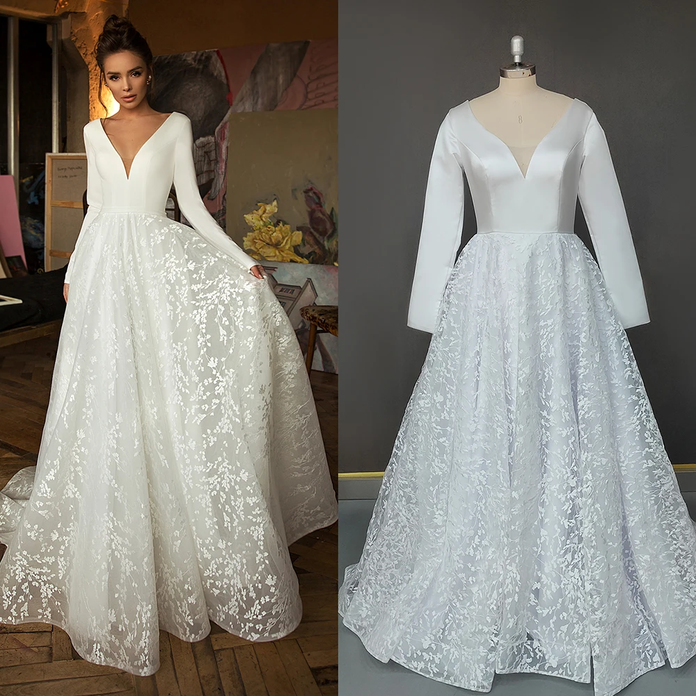 Lange Mouwen Satijn Kant Trouwjurk Elegante 2021 Nieuwe Een Lijn V-hals Backless Handgemaakte Plus Size Custom Made White Bridal jassen