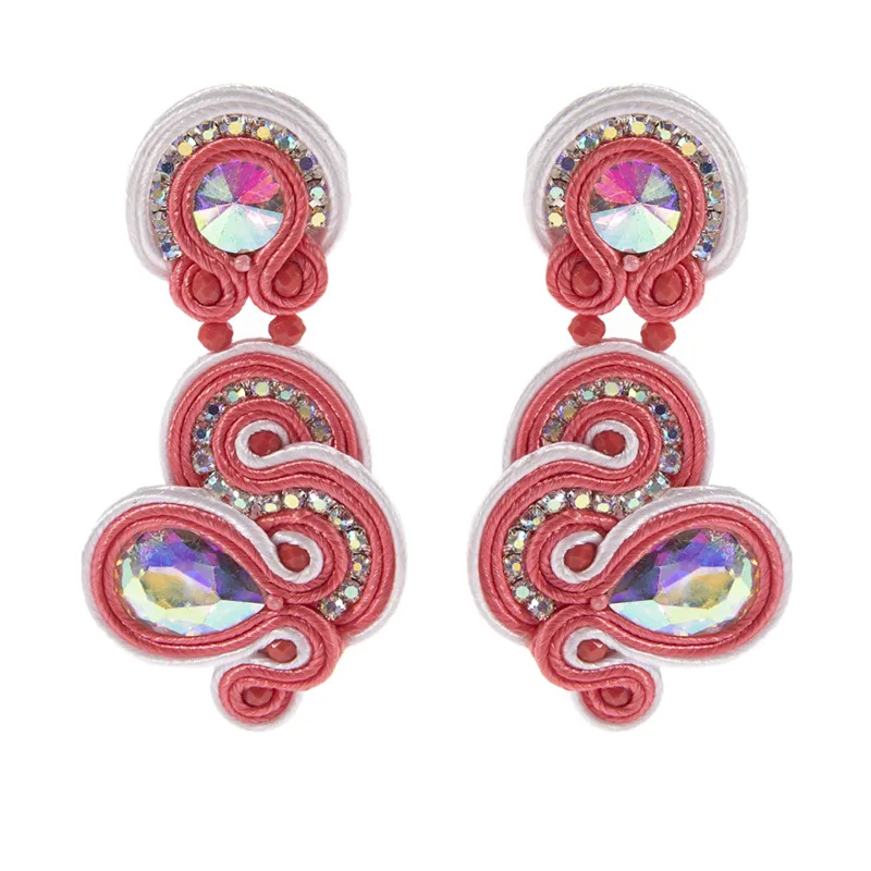 Handmade Soutache Dangle Earrings women\'s Jewelry Ethnic Boho  shiny crystal Colorful Earring ‘S’ shape Trendy design pink blue