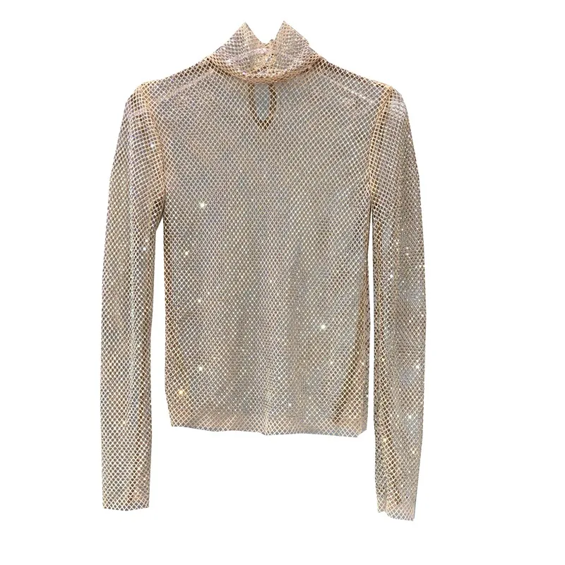 Glittering Mesh Diamond HollowOut Jacket Sexy Long-Sleeved Turtleneck Cultivate one\'s Morality Shirt  Party  Women