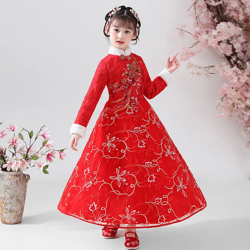 

Winter Girls Lovely Chinese Embroidery New Year Dress Traditional Children Ancient Hanfu Thick And Quilted Tang Suit