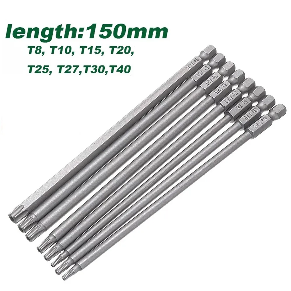 1PC Magnetic Torx Screwdriver Bit 150mm Long T8,T10,T15,T20,T25,T27,T30,T40 Hex Shank Electric Screwdriver Bits For Power Tools