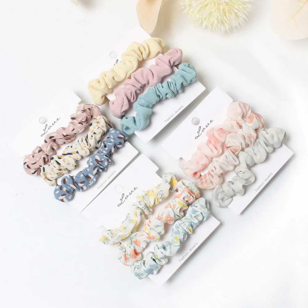 3 Pcs/set Woman Mini Scrunchies Sets Printing Hair Ties Girls Ponytail Holders Rubber Band Solid Hairband Hair Accessories Gift