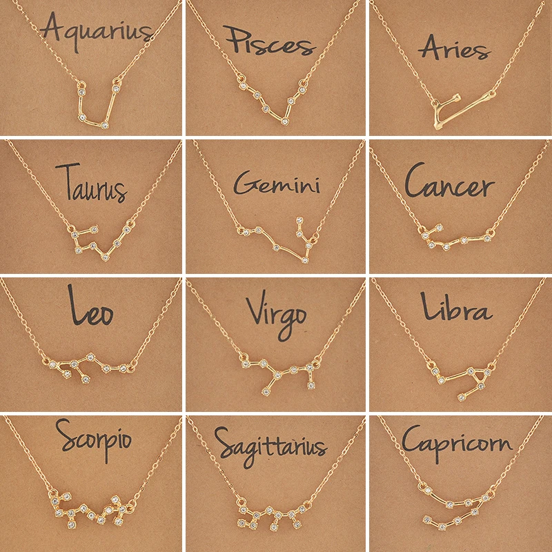 Cardboard Star Zodiac Sign 12 Constellation Necklaces Crystal Charm Chain Choker Necklace for Women Birthday Jewelry Gift