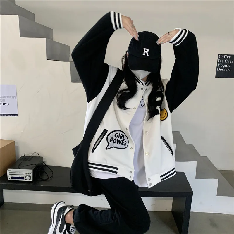 New Autumn Vintage Street Women Jacket Funny Smiling Baseball Uniform Jaqueta Feminina Oversized Woolen Flocking Overcoat Mujer