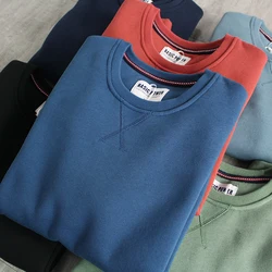Autumn Winter New American Retro O-neck Hoodies Men's Fashion Washed Old Thickened Velvet Plus Knitted Casual Pullover Sportwear