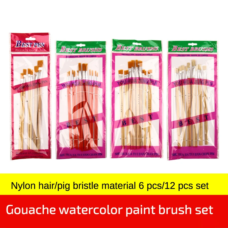 

6pcs/12pcs Nylon hair Round head Red Rod Gouache Watercolor Brush flat head Short Wooden Rod pig Bristle paint Brush Set art