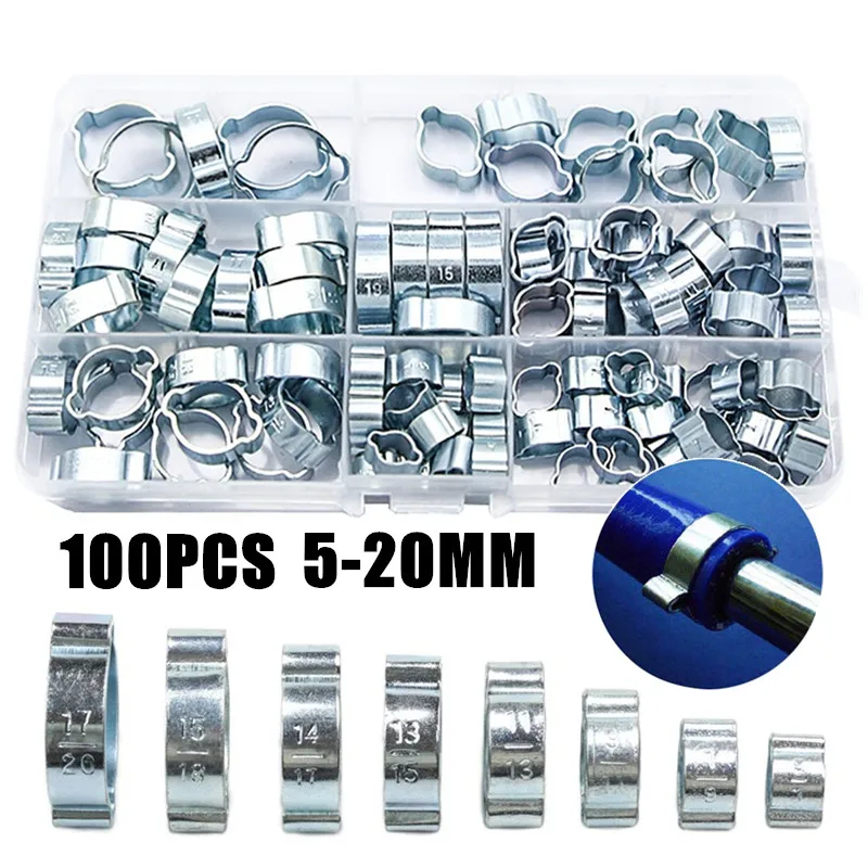 100PCS Double Ear O Clip Air Fuel Hose Petrol Pipe Tube Clamp 5-20MM