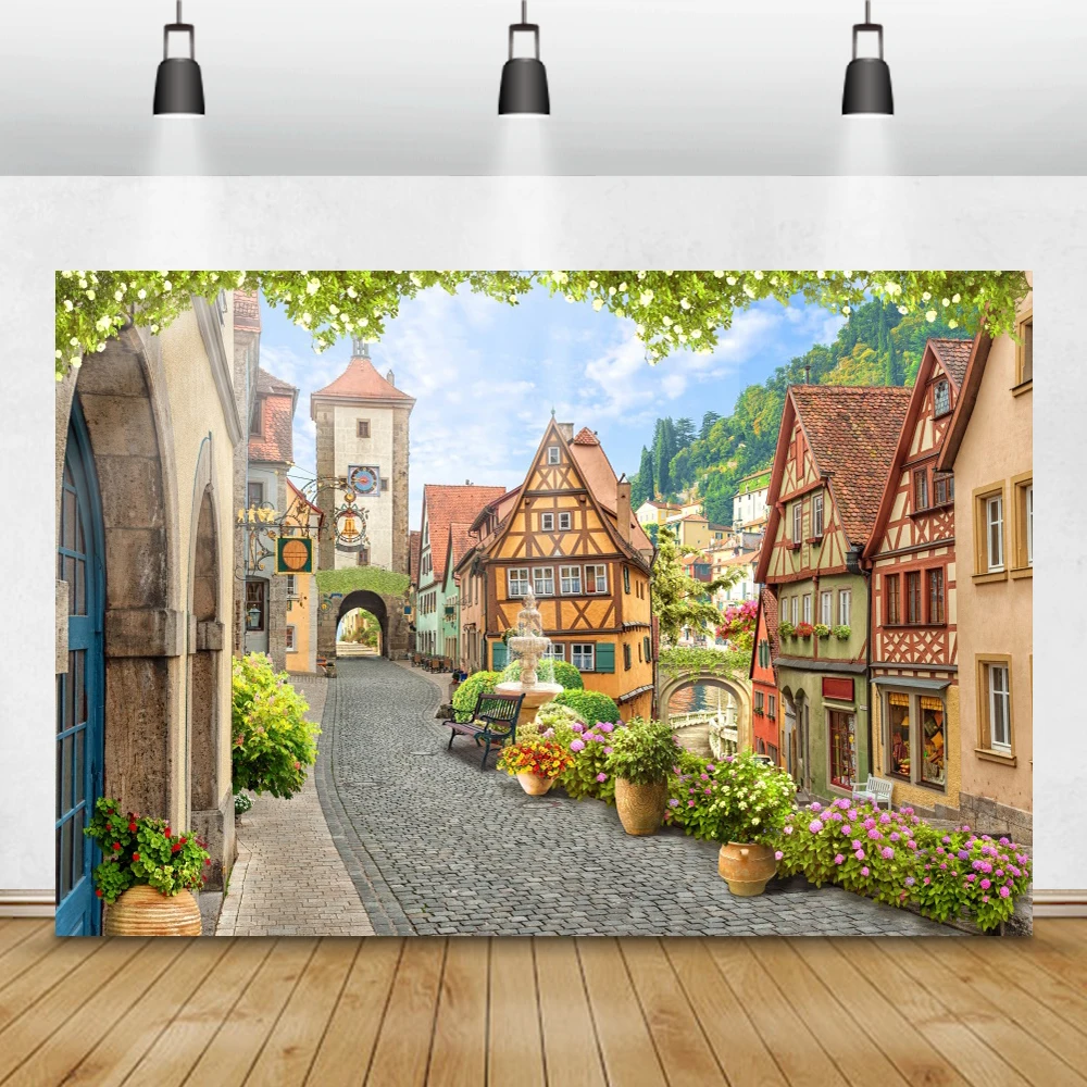 Laeacco Rural Village Town Street Buildings Flowers Shop Grass Baby Portrait Photo Backdrop Photography Background Photo Studio