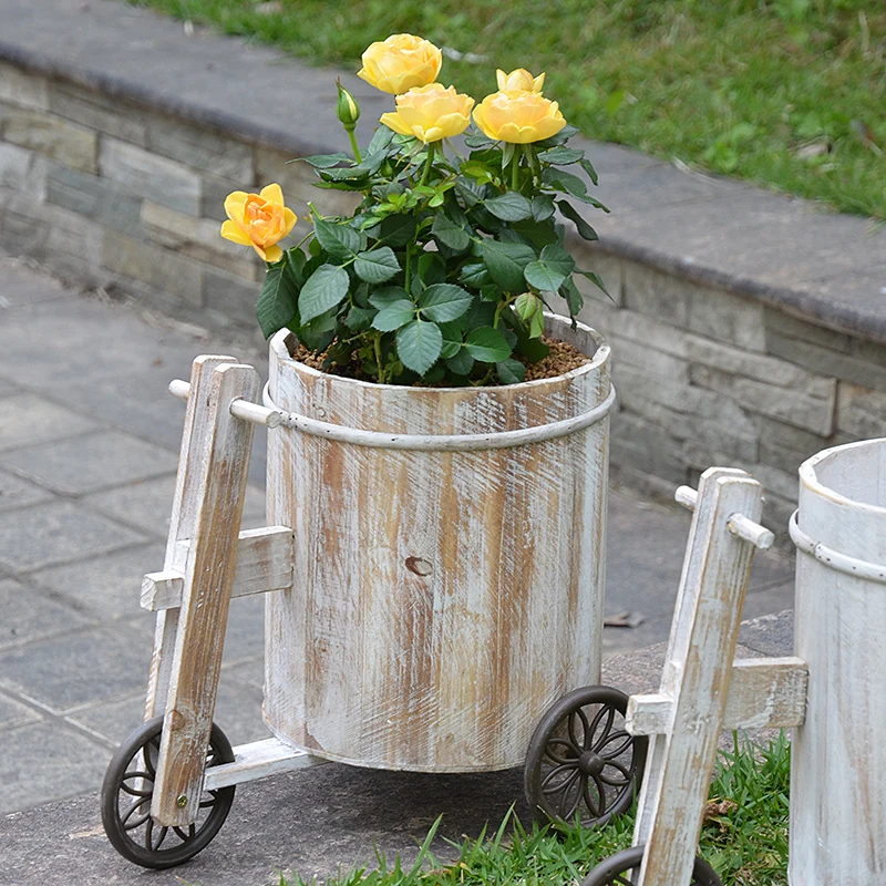 Natural Wooden Trolley Cart With Bucket Shaped Flower Plant Pot European Home Garden Decor Three