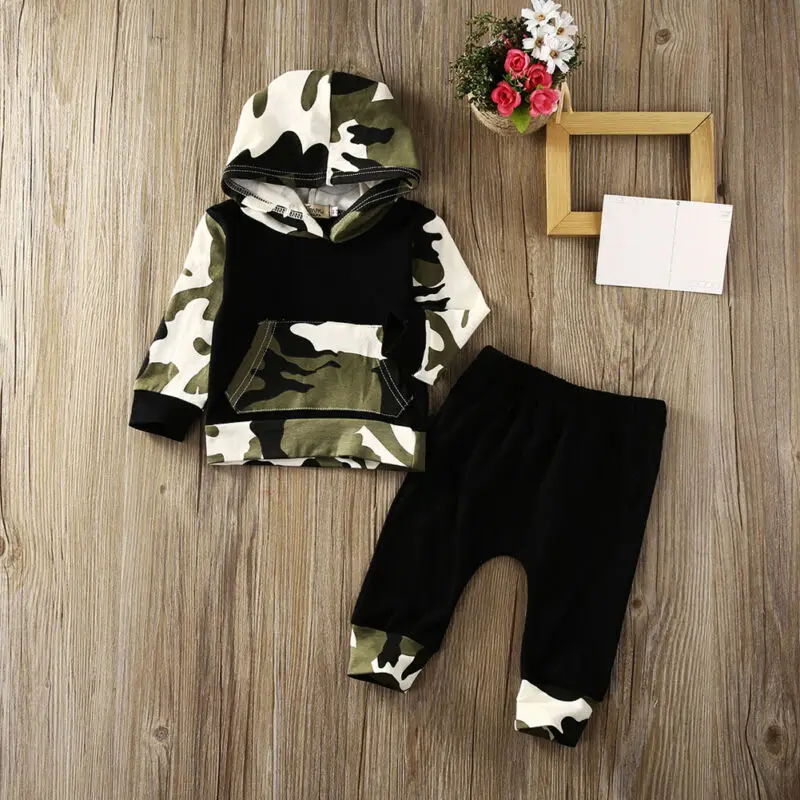 Newborn Baby Boys Camo Outfits Long Sleeve Hooded Coat Tops Pant 2pcs Outfit Set For 0-3T