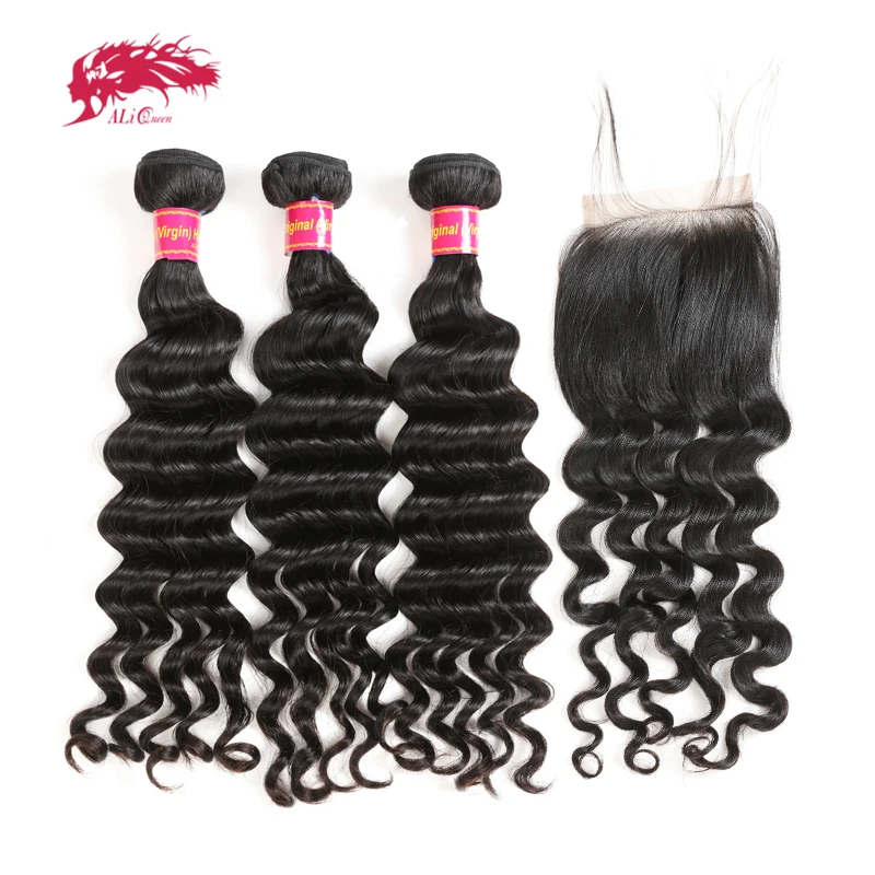 

Ali Queen Hair Brazilian Natural Wave 3/4Pcs Virgin Human Hair Bundles With Closure Free Part Natural Color Bundles With Frontal