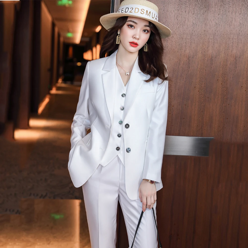 High Quality 3 Pieces Set Women Vest Blazer and Pant Suit Office Ladies Formal Business Work Career Wear Clothes Pink White Navy