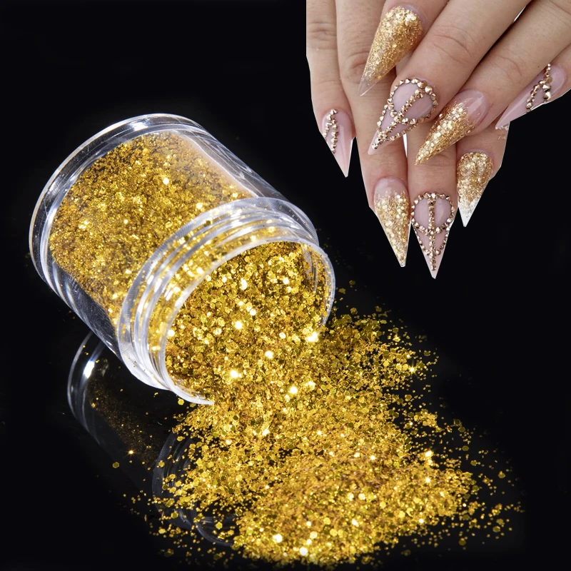 LOVCARRIE Gold Nail Powder Glitter Pots Dip Powder Pigment 10ml Mix Size Shine Paillettes Nail Art Sequins Flakes for Nails Set