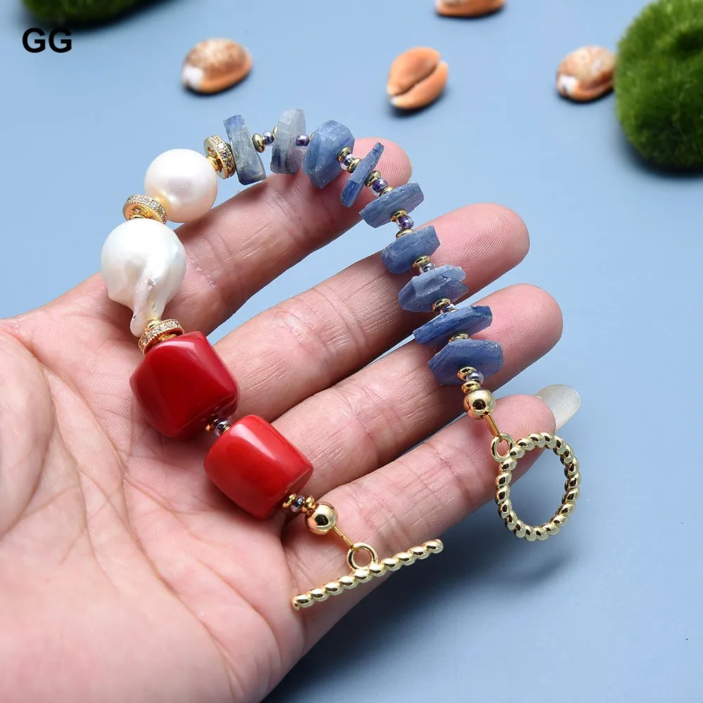 Imagem -06 - Guaiguai Jóias Cultivado Branco Barroco Keshi Pérola Azul Kyanite cz Vermelho Coral Pulseira Artesanal para Senhora Jóias