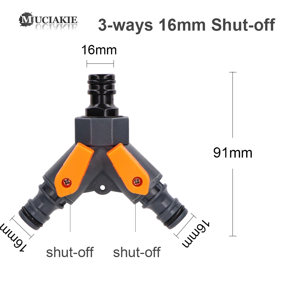 MUCIAKIE 1 SET 16mm 3-Way Quick Connctor Shut-off Nipple Tee Coupling Adapter Garden Irrigation Watering Accessory Hose Joint