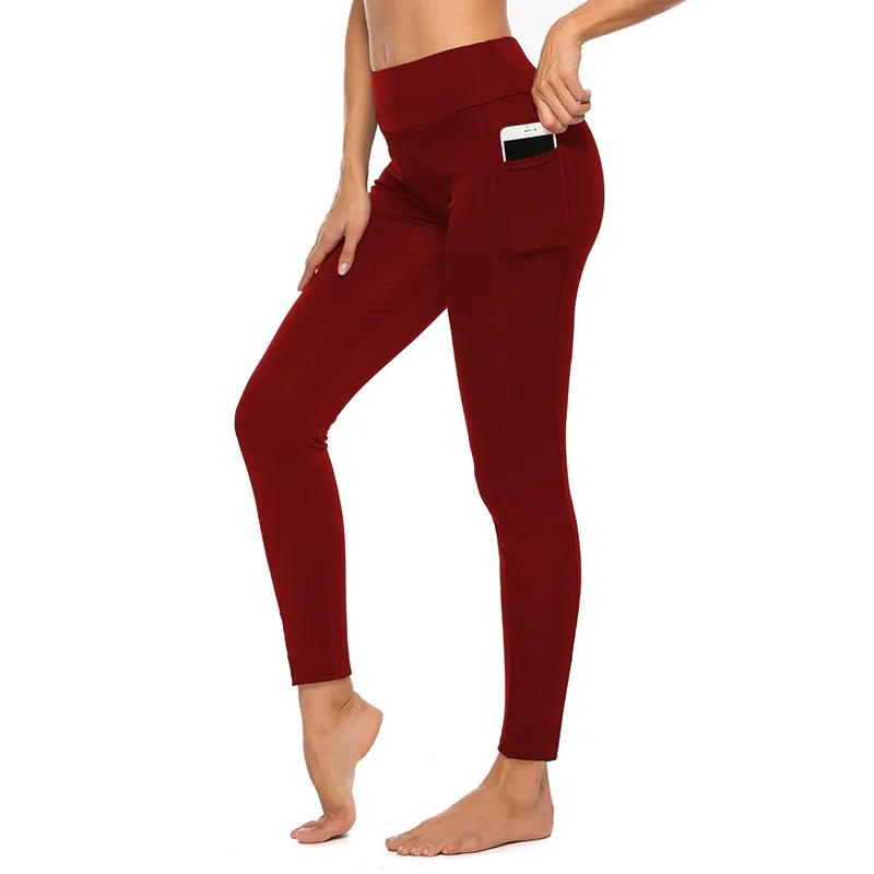 Summer Women's High-Waist Hip-Lift Sexy American Fashion Yoga Pants Pocket Solid Color Casual Sports Fitness Nine-Point Leggings