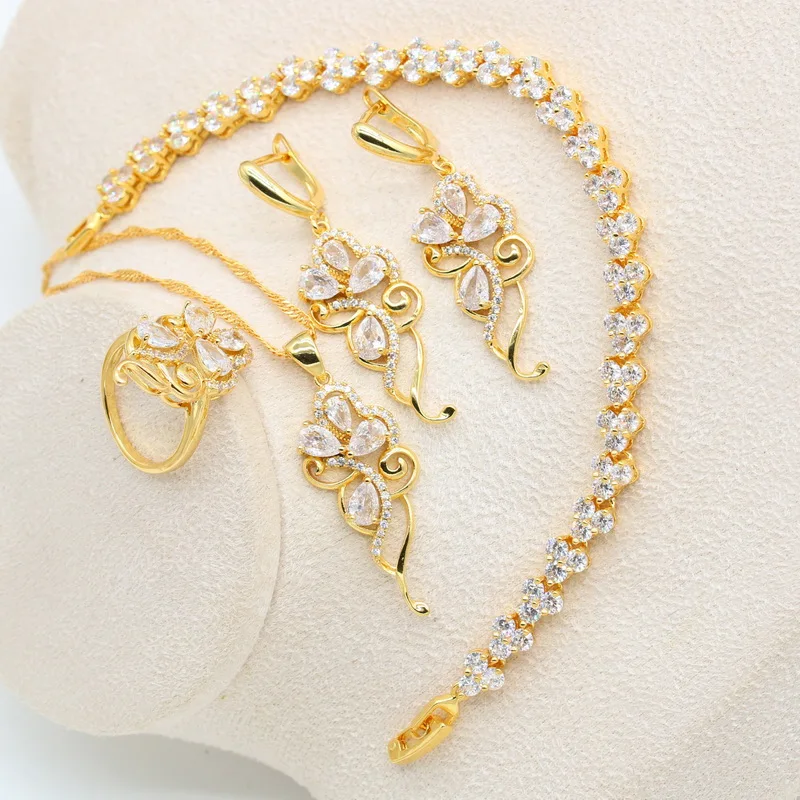 Exquisite Braut Gold Farbe Schmuck-Set für Frauen Hochzeit Weiß Zirkon Armband Ohrringe Halskette Anhänger Ring Weihnachten Geschenk