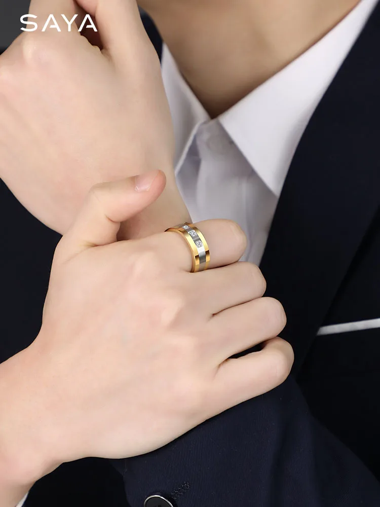 8mm Tungsten Rings for Men Gold Plating Wedding Bands 3 CZ Stone Marriage, Customized - Image 5