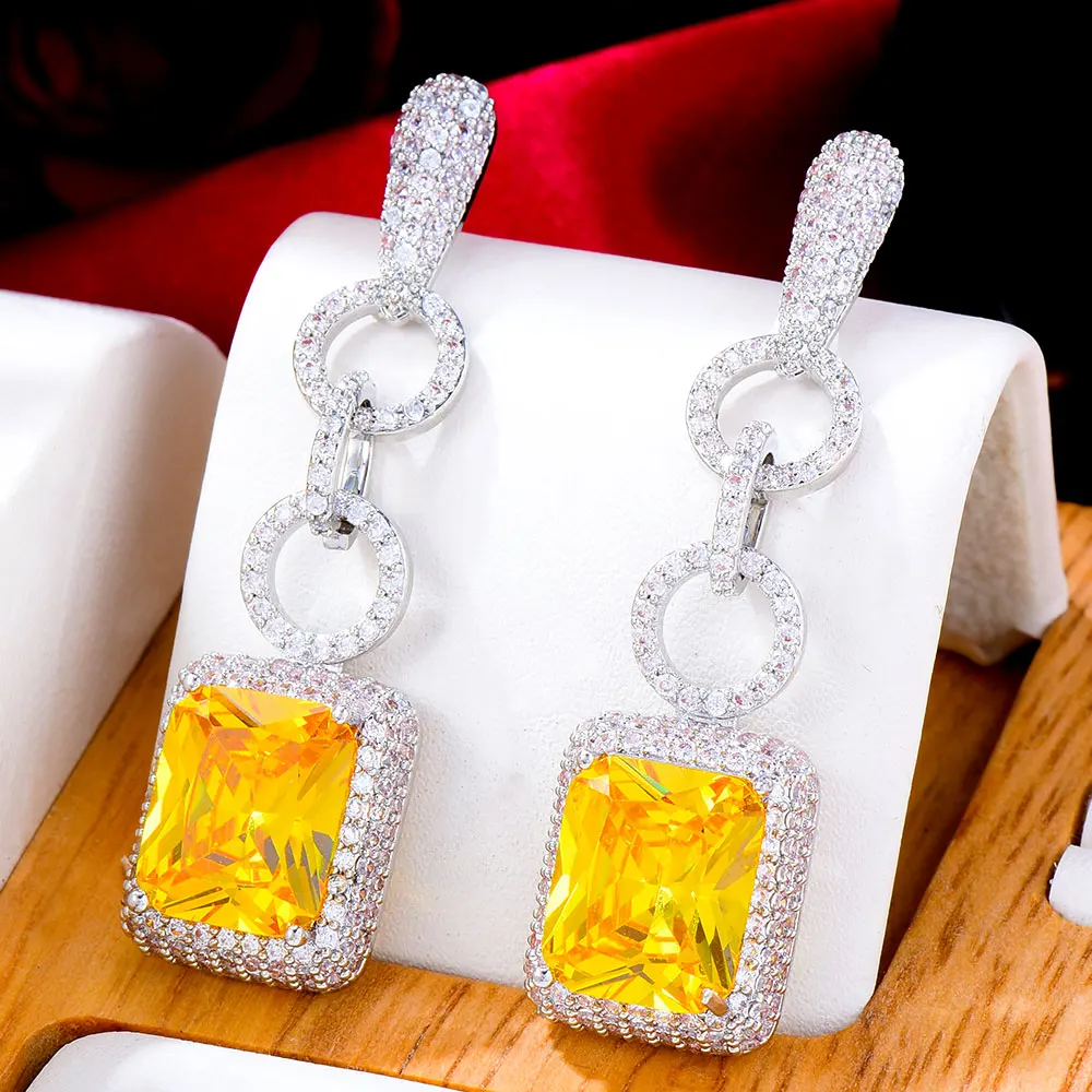 SisCathy Fashion square cubic zircon drop Earrings for Women luxurious Crystal round Jewelry Wedding long Dangle Earrings gifts