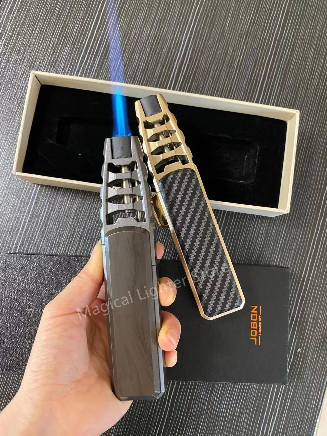 JOBON Metal Butane Gas Windproof Lighter Blue Flame Super Firepower Turbocharged Jet Cigarette Lighter Cigar Accessories Gift