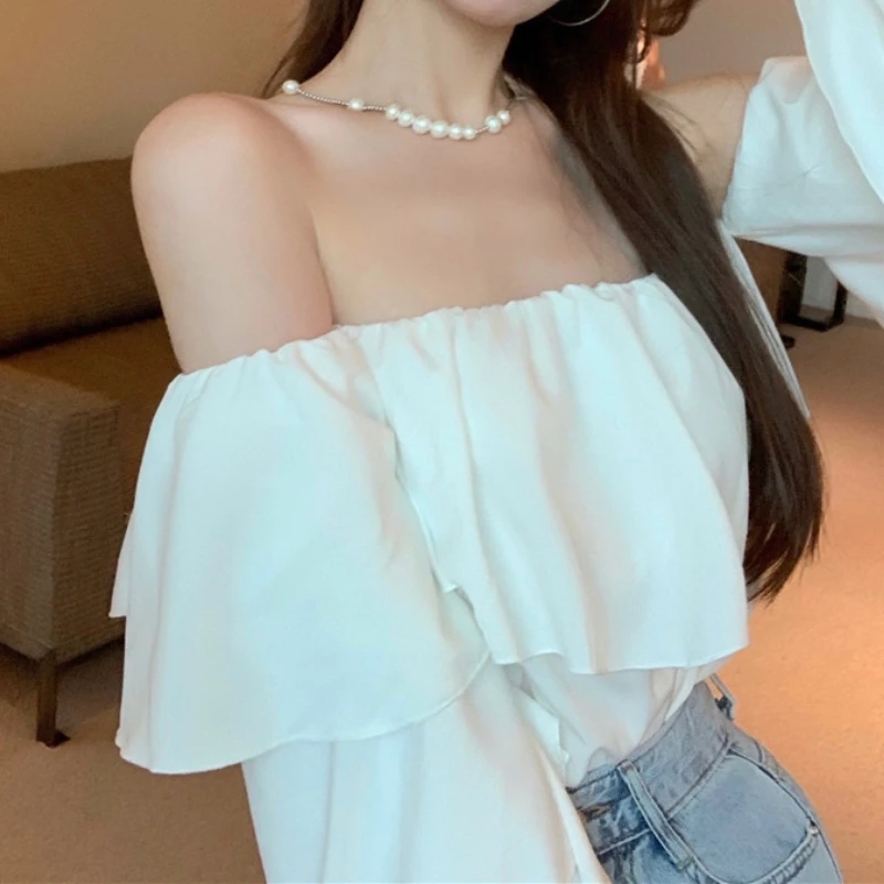 Sexy Blouses Women Camisa De Gasa Summer Thin Pure Color Slash Neck Leisure Folds Streetwear Ladies Korean Design Off Shoulder