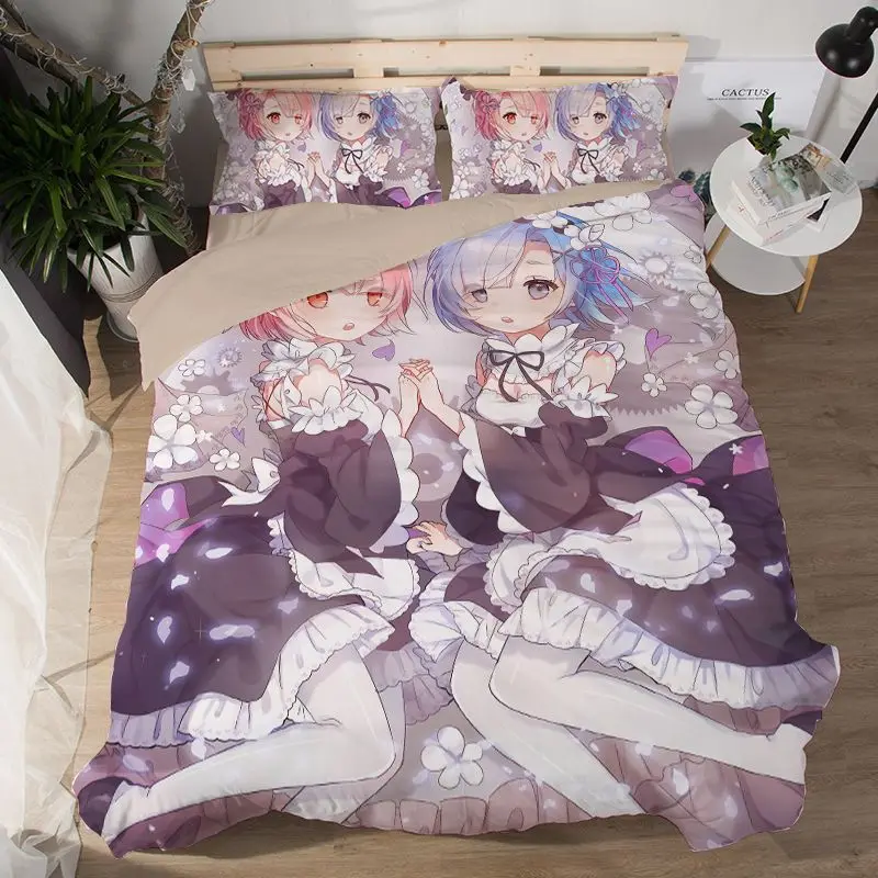 

Hot 3D Anime Rem Ram Print Bedding Set Cartoon Girls Duvet Covers Pillowcases Soft Comforter Bedding Sets Bedclothes Bed Linen