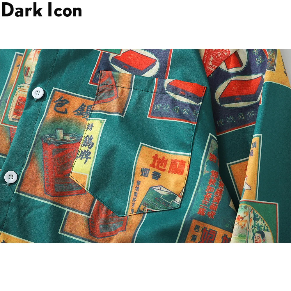 Dark Icon Vintage Printed Shirts Men Turn-down Collar Men\'s Shirt Streetwear Shirts for Man