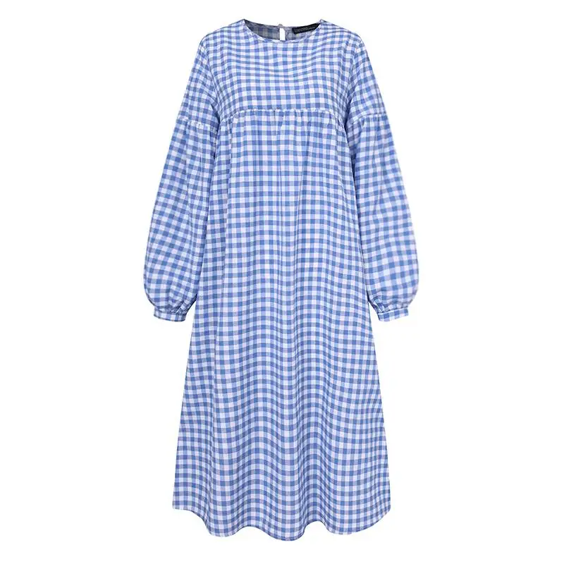 Women\'s Check Dress 2023 ZANZEA Vintage Autumn Dress Casual Puff Sleeve Midi Vestidos Female O Neck Robe Femme Oversized