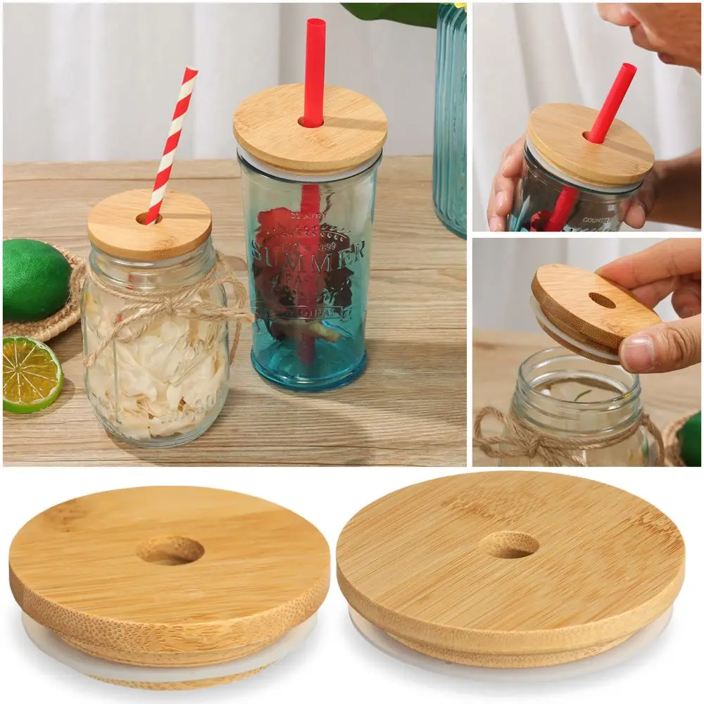 Eco Friendly Silicone Seal Ring Storage Bottles Wide Mouth Cup Bamboo Wood Lids Mason Jar Lid With Straw Hole