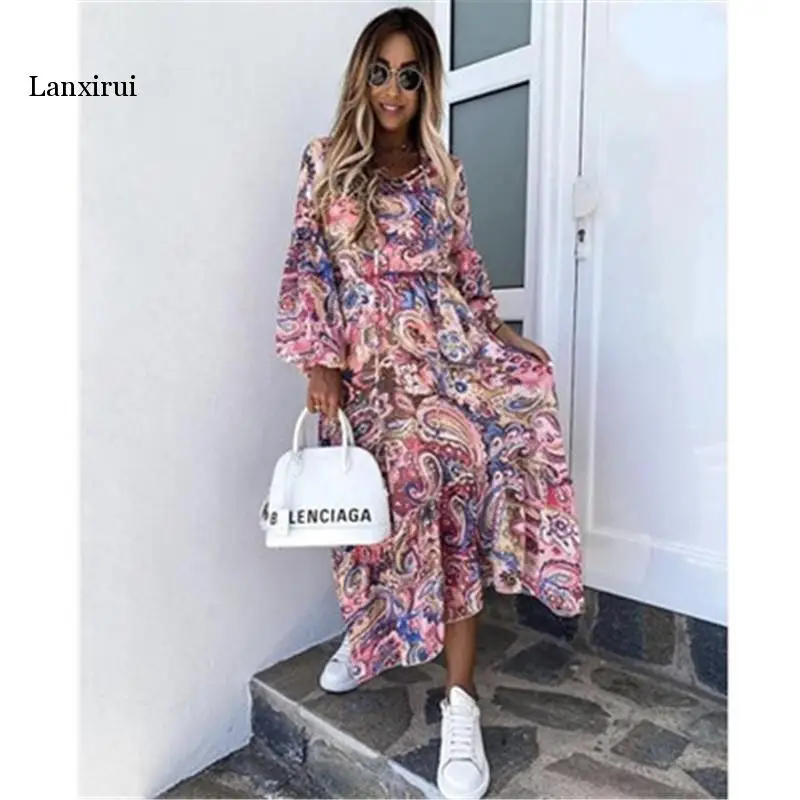 Vintage Floral Print Dress Women Autumn Elegant O-Neck Party Long Dress  Lantern Long Sleeve Boho Dress Vestidos  XXXL